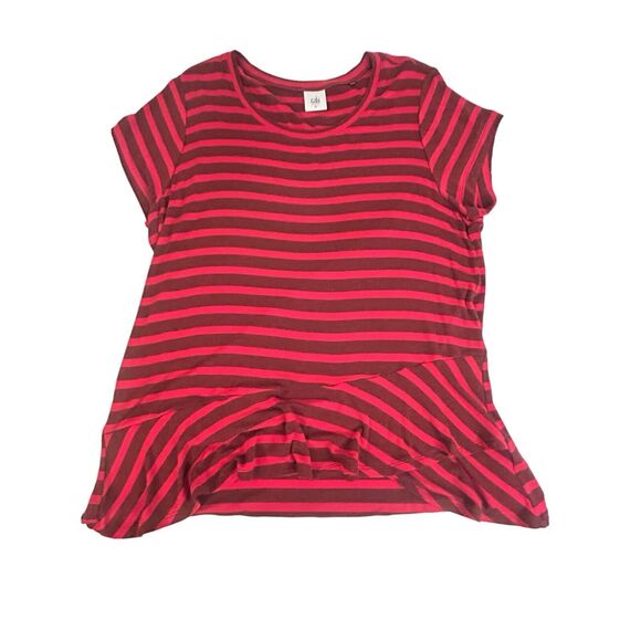 CAbi Sweet Talk Tee Women’s Size L Garnet Red Stripe Short Sleeve Shirt Peplum - Picture 2 of 12